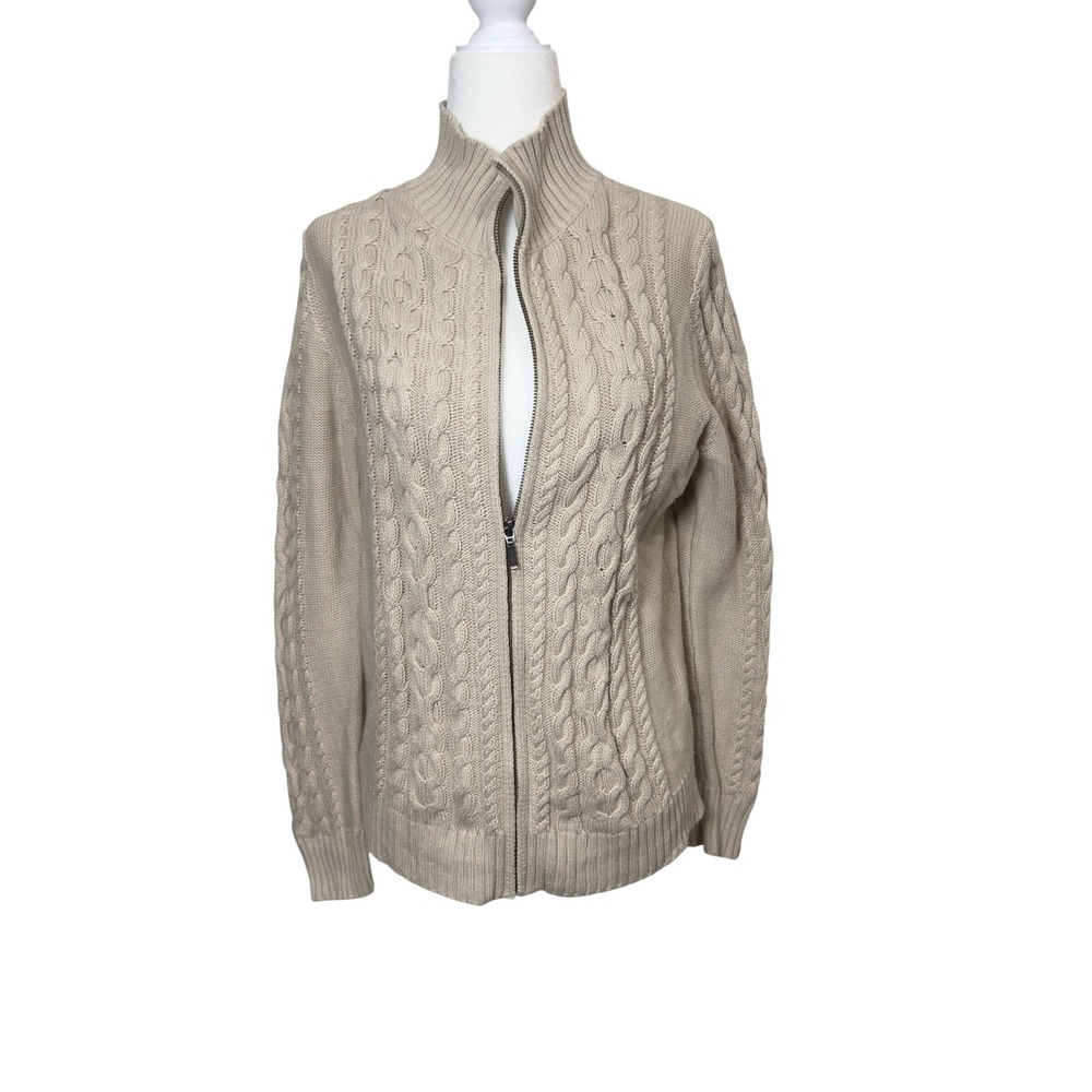 LL Bean Womens Medium Petite Beige Cotton Cable Knit Full Zip Cardigan 300111